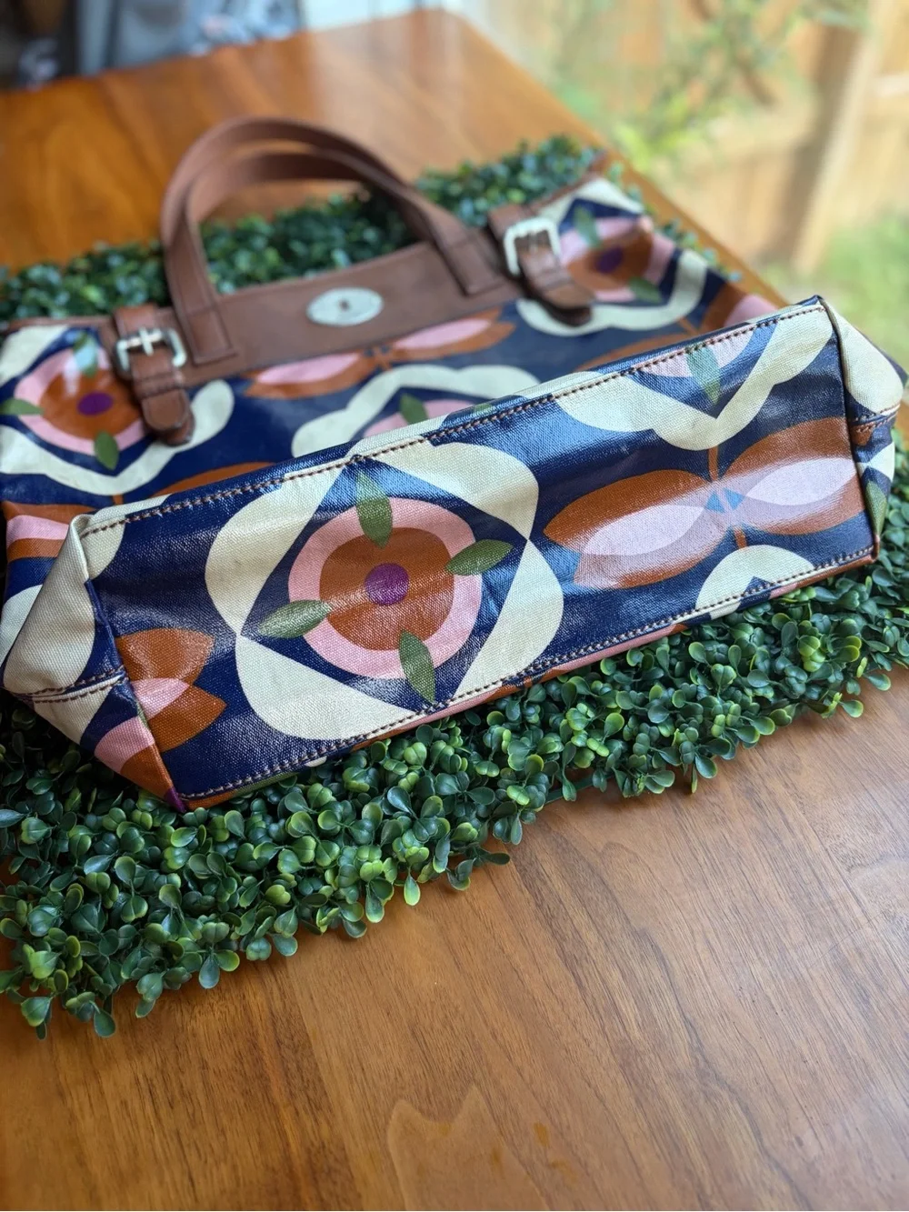 Fossil Key-Per Coated Canvas Tote Bag Navy Floral Geometric Print